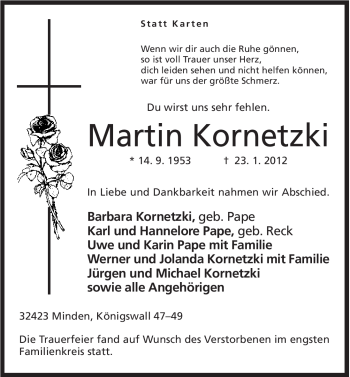 Anzeige von Martin Kornetzki von Mindener Tageblatt
