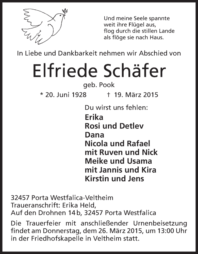  Traueranzeige für Elfriede Schäfer vom 21.03.2015 aus Mindener Tageblatt