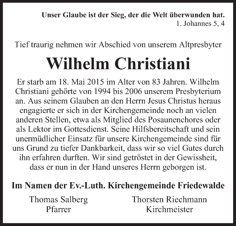  Traueranzeige für Wilhelm Christiani vom 21.05.2015 aus Mindener Tageblatt