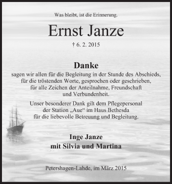 Anzeige von Ernst Janze von Mindener Tageblatt