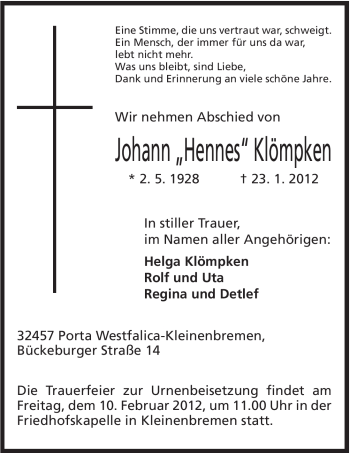 Anzeige von Johann Klömpken von Mindener Tageblatt