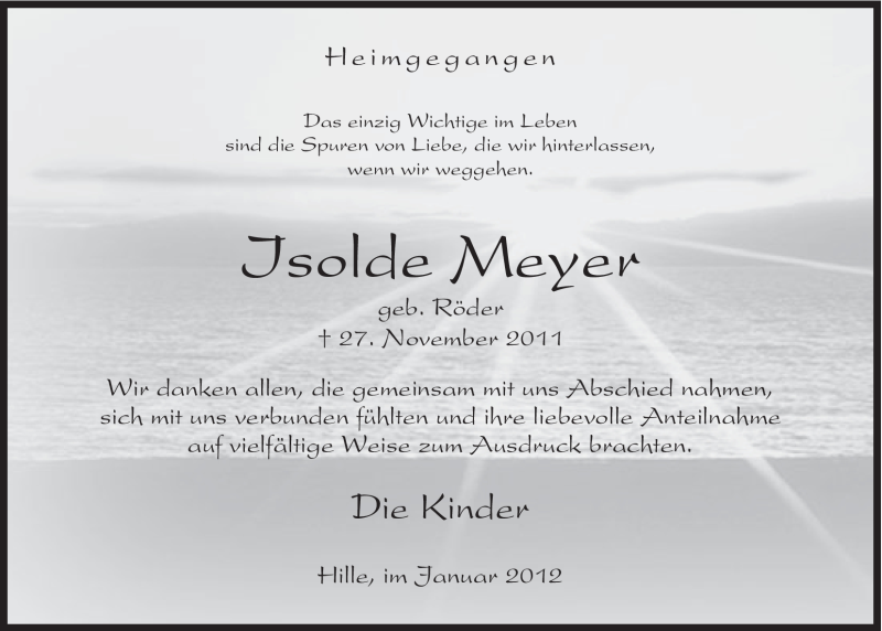  Traueranzeige für Isolde Meyer vom 28.01.2012 aus Mindener Tageblatt