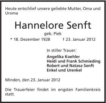 Anzeige von Hannelore Senft von Mindener Tageblatt