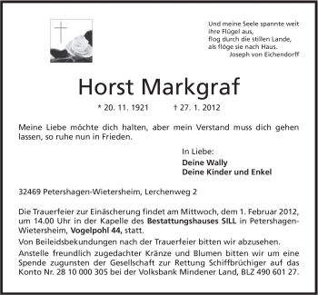 Anzeige von Horst Markgraf von Mindener Tageblatt