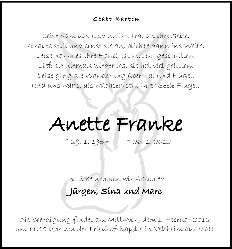  Traueranzeige für Anette Franke vom 28.01.2012 aus Mindener Tageblatt