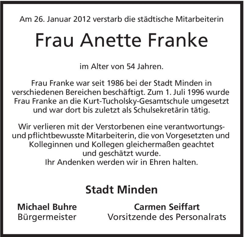  Traueranzeige für Anette Franke vom 31.01.2012 aus Mindener Tageblatt