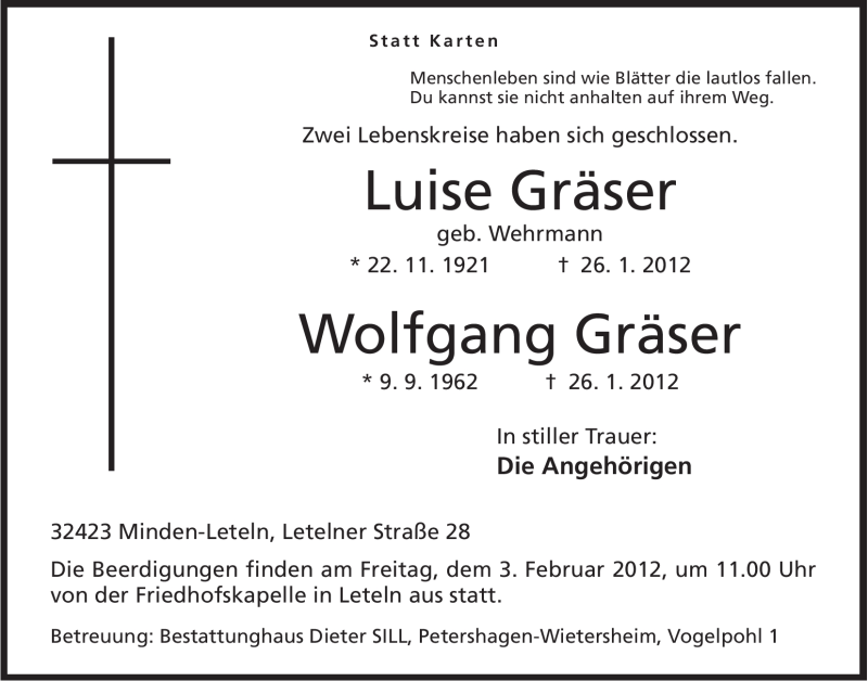  Traueranzeige für Luise und Wolfgang Gräser vom 31.01.2012 aus Mindener Tageblatt