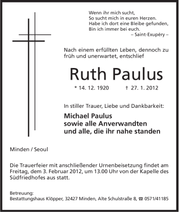 Anzeige von Ruth Paulus von Mindener Tageblatt