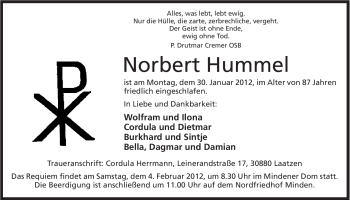 Anzeige von Norbert Hummel von Mindener Tageblatt