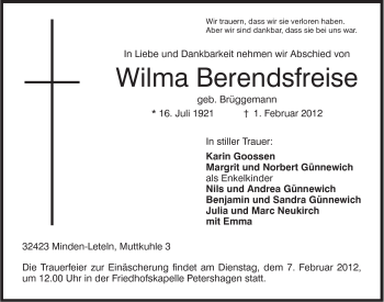 Anzeige von Wilma Berendsfreise von Mindener Tageblatt
