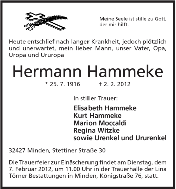 Anzeige von Hermann Hammeke von Mindener Tageblatt