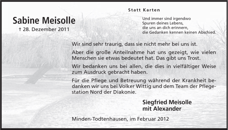  Traueranzeige für Sabine Meisolle vom 04.02.2012 aus Mindener Tageblatt
