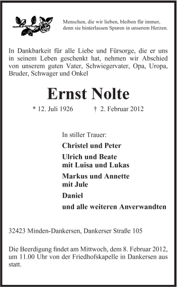 Anzeige von Ernst Nolte von Mindener Tageblatt