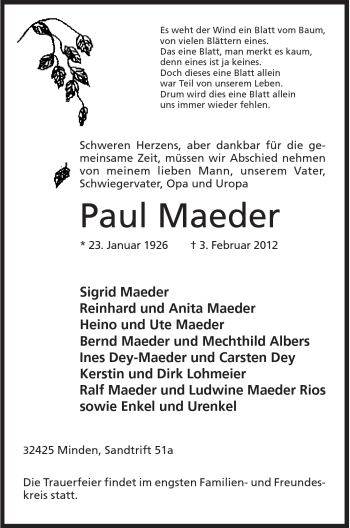 Anzeige von Paul Maeder von Mindener Tageblatt