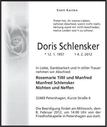 Anzeige von Doris Schlensker von Mindener Tageblatt
