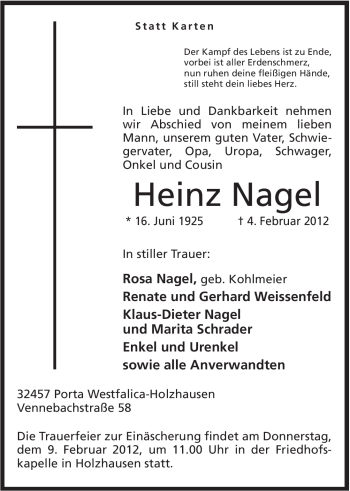 Anzeige von Heinz Nagel von Mindener Tageblatt