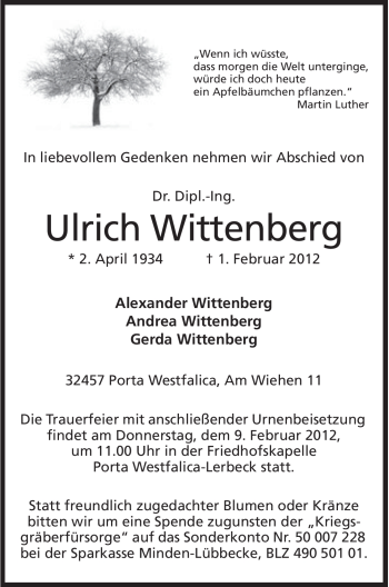 Anzeige von Ulrich Wittenberg von Mindener Tageblatt