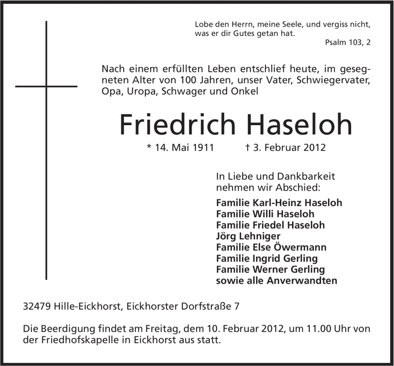  Traueranzeige für Friedrich Haseloh vom 06.02.2012 aus Mindener Tageblatt