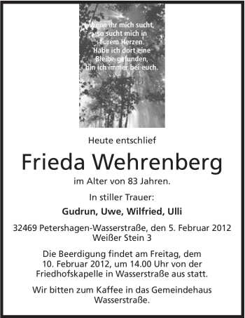 Anzeige von Frieda Wehrenberg von Mindener Tageblatt