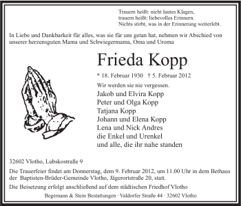 Anzeige von Frieda Kopp von Mindener Tageblatt
