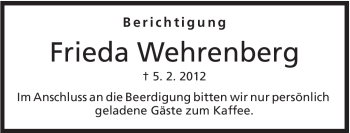 Anzeige von Frieda Wehrenberg von Mindener Tageblatt
