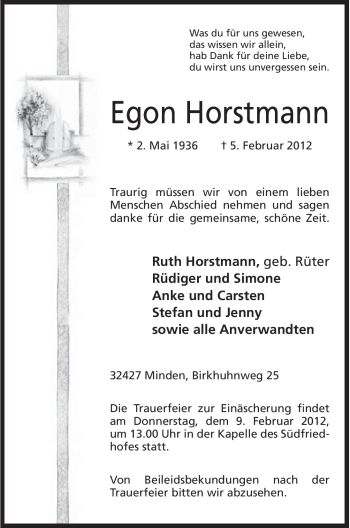 Anzeige von Egon Horstmann von Mindener Tageblatt