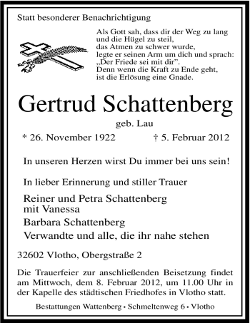 Anzeige von Gertrud Schattenberg von Mindener Tageblatt