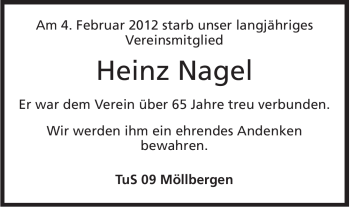 Anzeige von Heinz Nagel von Mindener Tageblatt