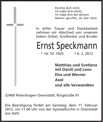 Anzeige von Ernst Speckmann von Mindener Tageblatt