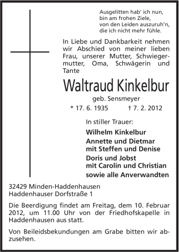 Anzeige von Waltraud Kinkelbur von Mindener Tageblatt