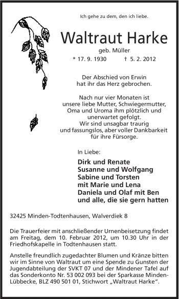 Anzeige von Waltraut Harke von Mindener Tageblatt