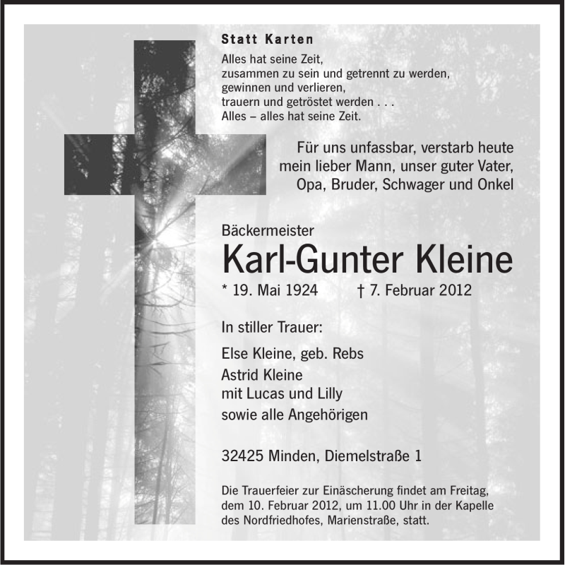  Traueranzeige für Karl-Gunter Kleine vom 08.02.2012 aus Mindener Tageblatt