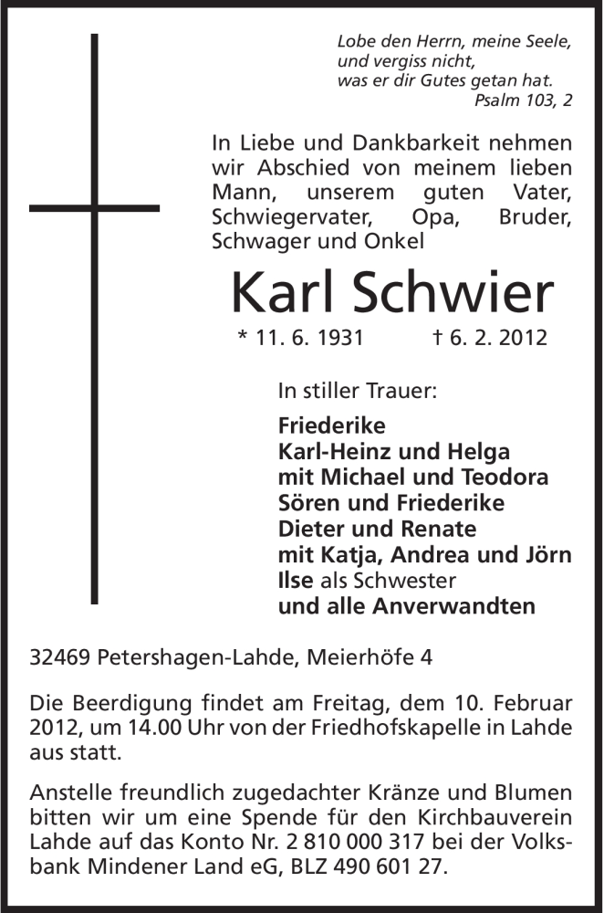  Traueranzeige für Karl Schwier vom 08.02.2012 aus Mindener Tageblatt