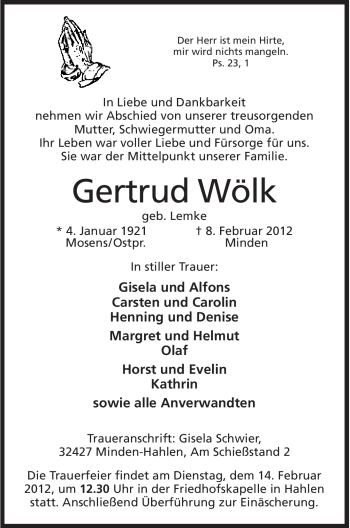 Anzeige von Gertrud Wölk von Mindener Tageblatt