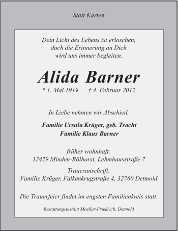 Anzeige von Alida Barner von Mindener Tageblatt