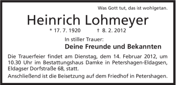 Anzeige von Heinrich Lohmeyer von Mindener Tageblatt