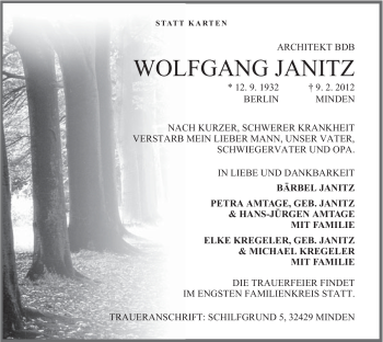 Anzeige von Wolfgang Janitz von Mindener Tageblatt