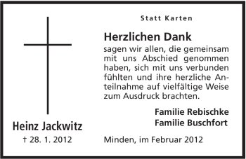 Anzeige von Heinz Jackwitz von Mindener Tageblatt