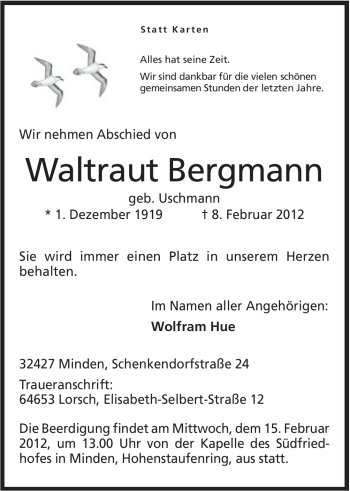 Anzeige von Waltraut Bergmann von Mindener Tageblatt