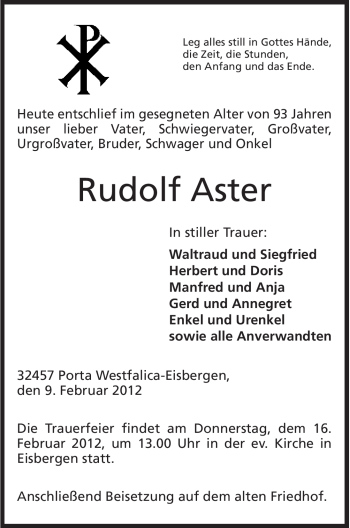 Anzeige von Rudolf Aster von Mindener Tageblatt