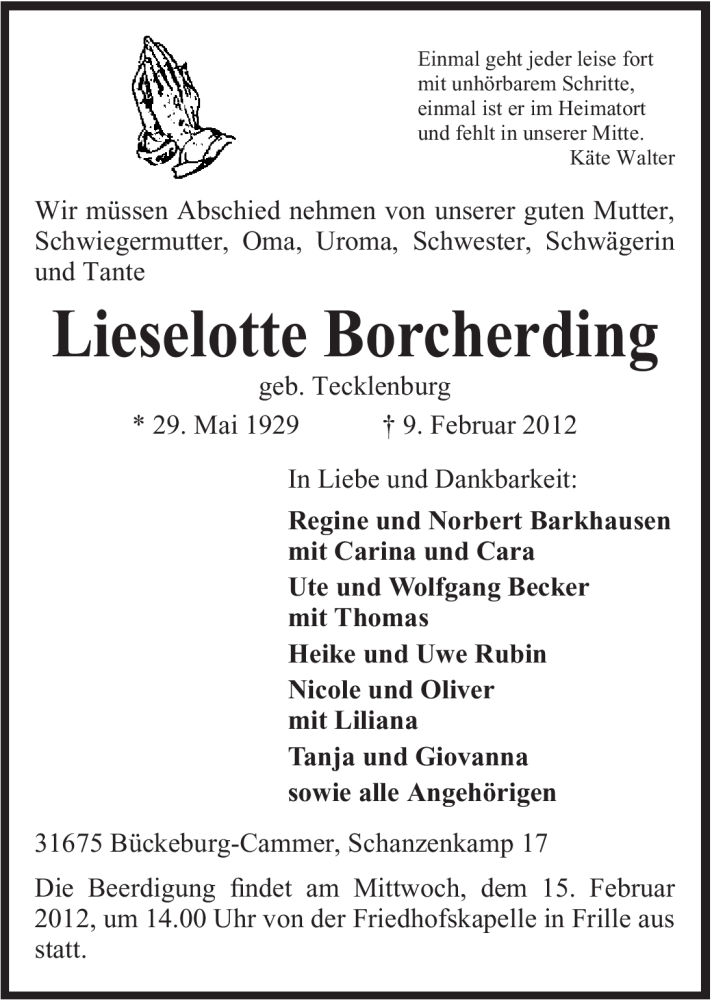  Traueranzeige für Lieselotte Borcherding vom 11.02.2012 aus Mindener Tageblatt