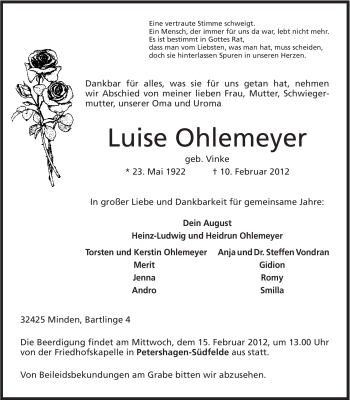 Anzeige von Luise Ohlemeyer von Mindener Tageblatt