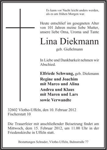 Anzeige von Lina Diekmann von Mindener Tageblatt