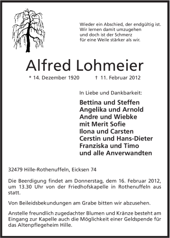 Anzeige von Alfred Lohmeier von Mindener Tageblatt
