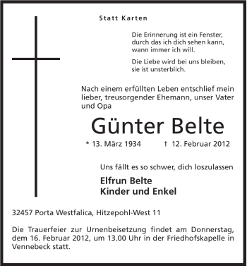 Anzeige von Günter Belte von Mindener Tageblatt