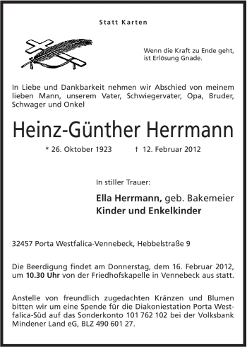 Anzeige von Heinz-Günther Hermann von Mindener Tageblatt