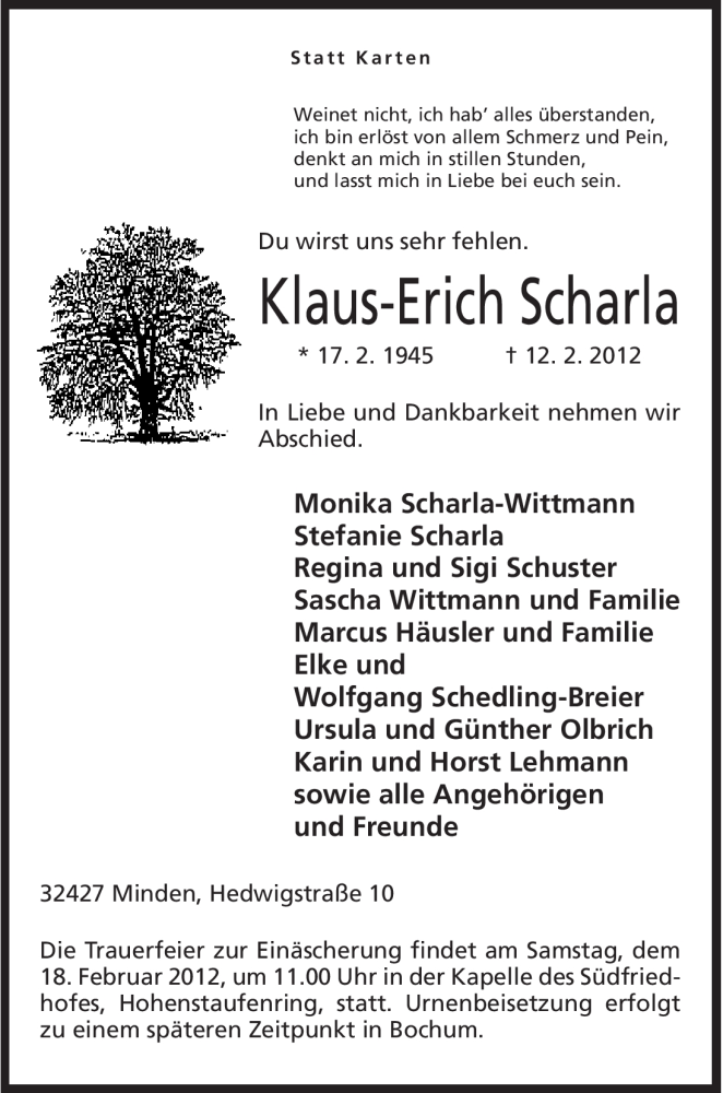  Traueranzeige für Klaus-Erich Scharla vom 14.02.2012 aus Mindener Tageblatt