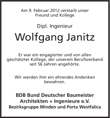 Anzeige von Wolfgang Janitz von Mindener Tageblatt