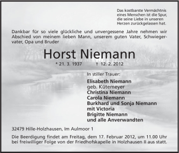 Anzeige von Horst Niemann von Mindener Tageblatt