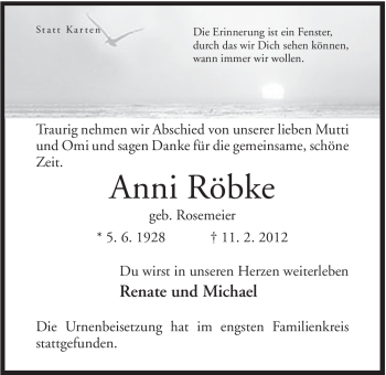 Anzeige von Anni Röbke von Mindener Tageblatt